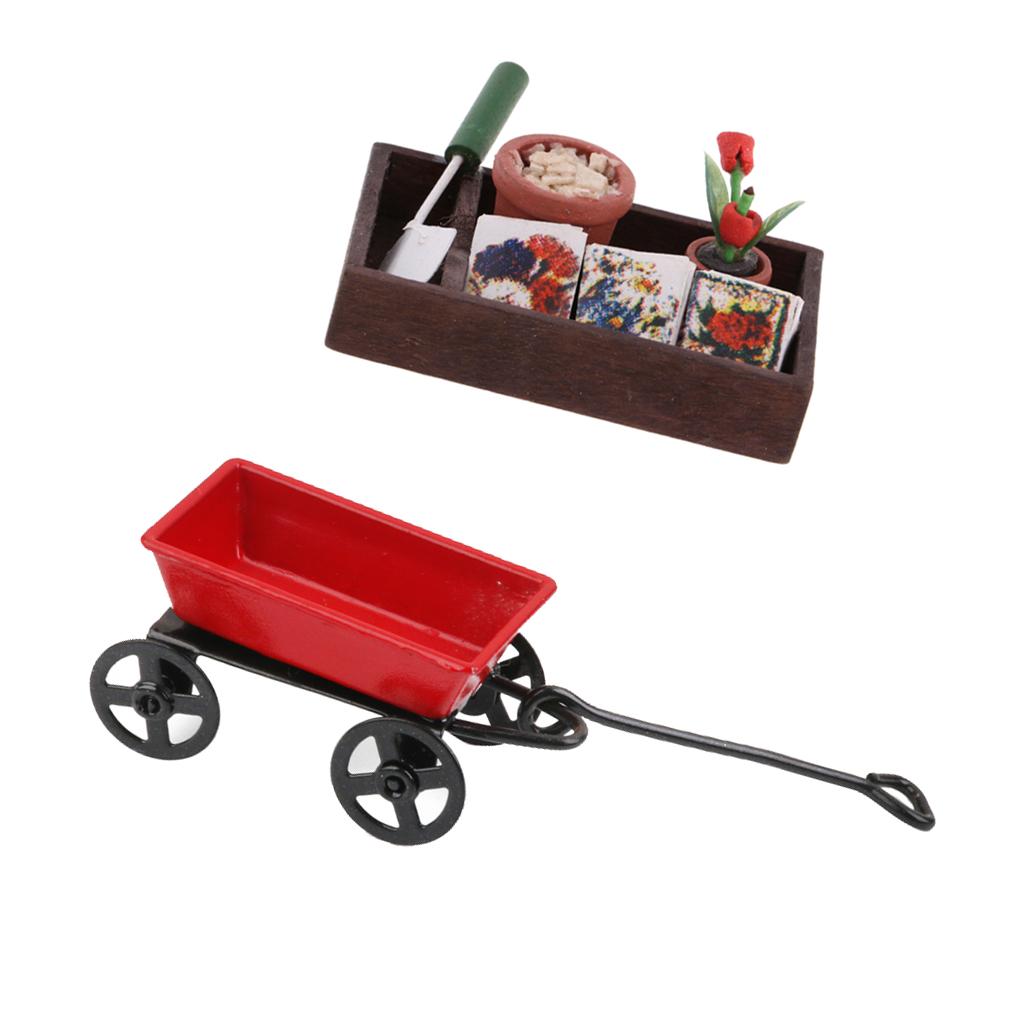 1/12 Dollhouse Miniature Horticulture Gardening Box Kit And Metal Cart Model