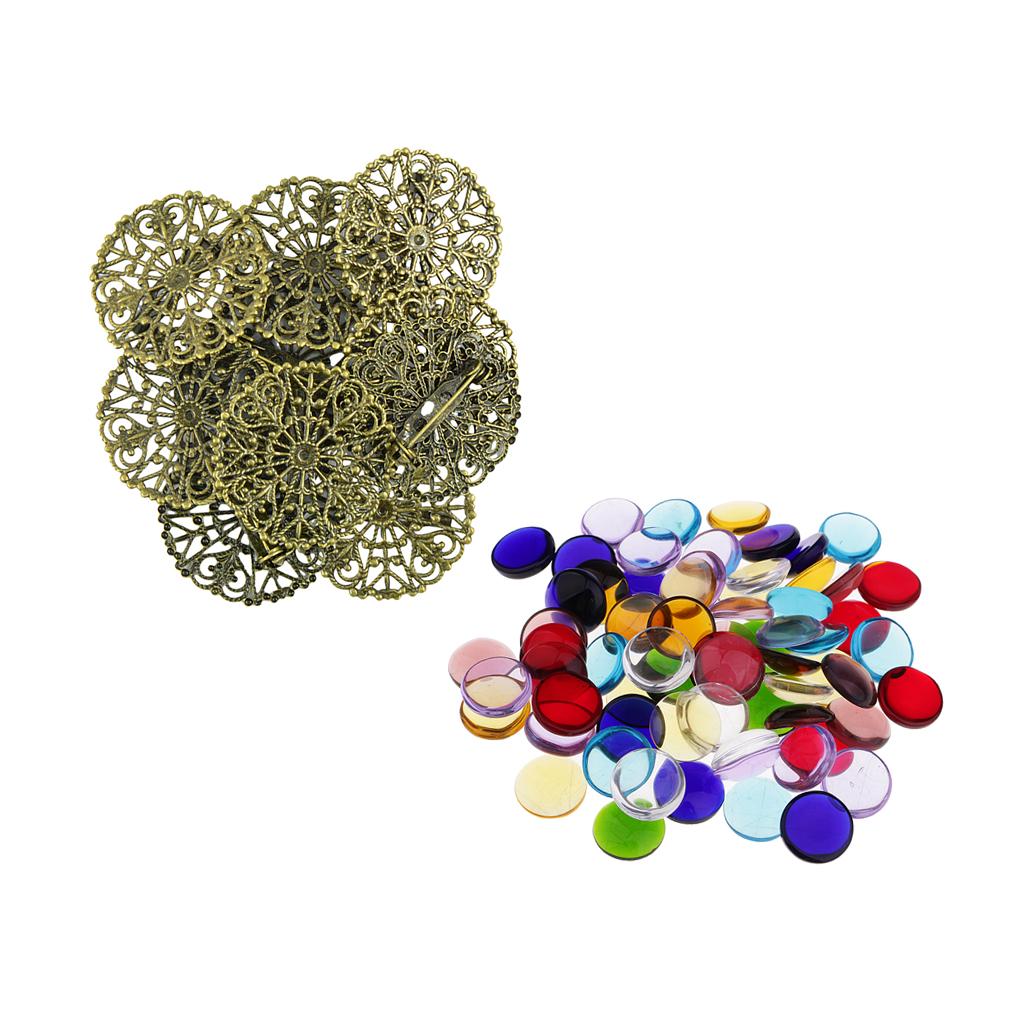 100g Colorful Round Glass Mosaic+10 Pieces Pin Back Blank Brooch Settings