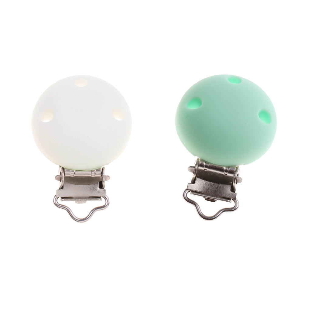 2 Pcs Cute Baby Pacifier Round Silicone Soother Clip Metal Holders Clasp