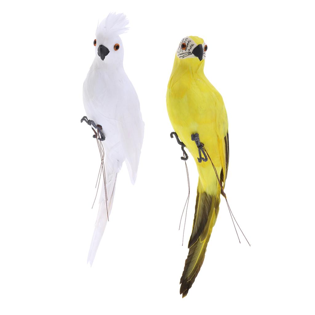 2x Realistic Parrot Artificial Feather Bird Animal Ornament White Yellow