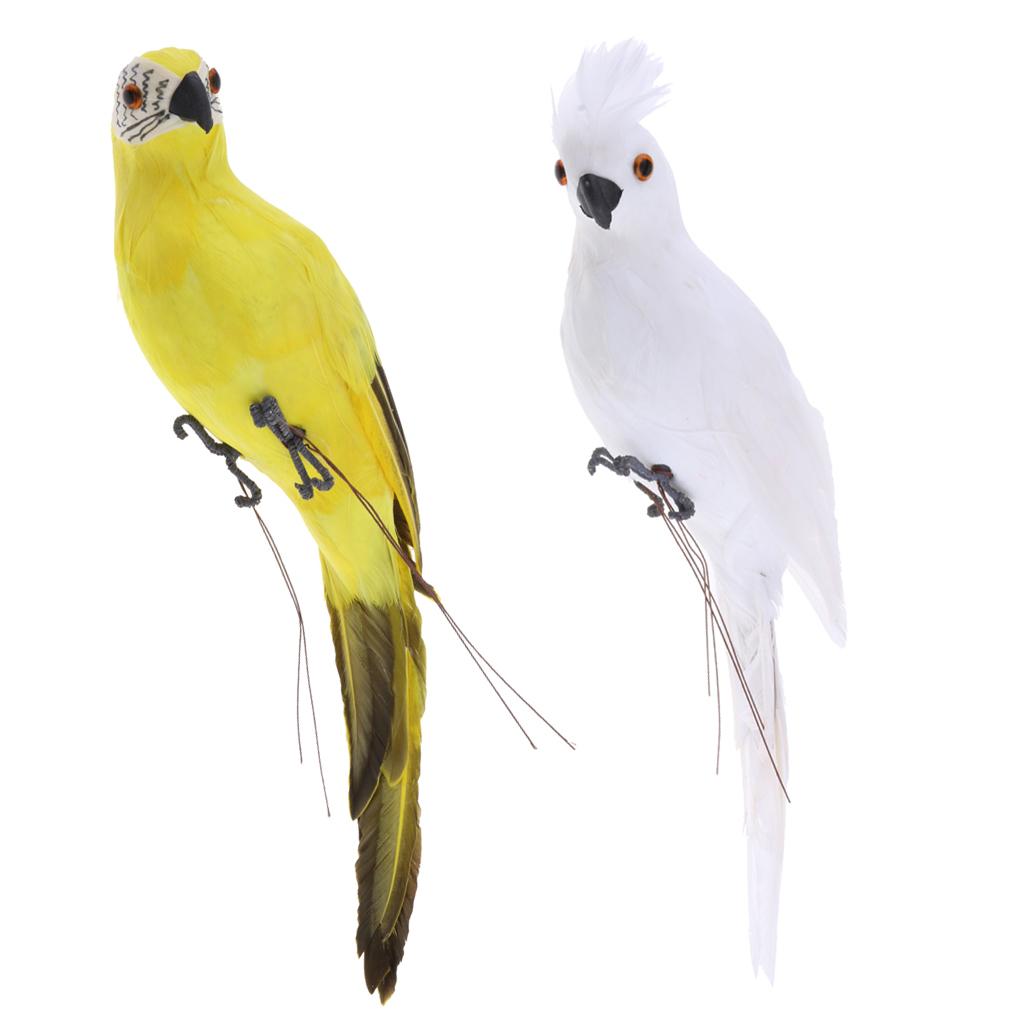 2x Realistic Parrot Artificial Feather Bird Animal Ornament White Yellow