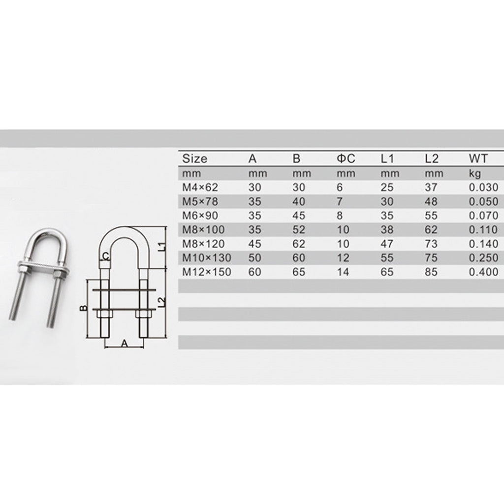 5pieces 304 Stainless Steel Boat Bow Stern Eye, U-Bolt, Marine Rigging M6*90