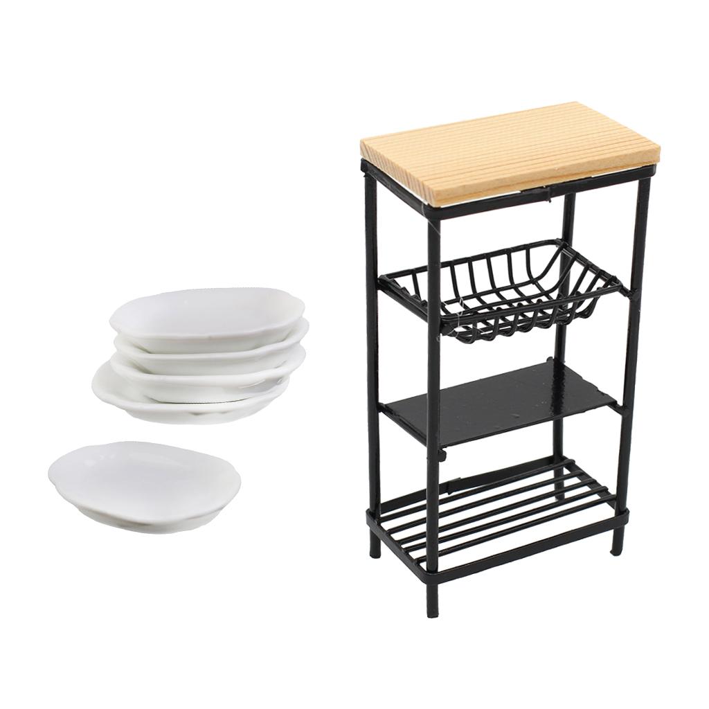 1/12 Dollhouse Miniature Ceramic Dishes & Metal Rack Kitchen Furniture Decor