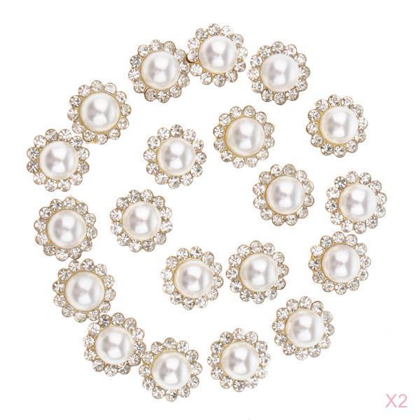 40 Pieces Faux Pearl Buttons Rhinestone Embellishments Flatback for DIY 12mm