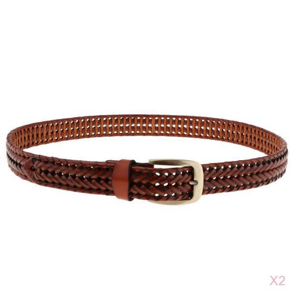 2pcs Men Woven Hollowed-out Adjustable Waist Belts Waistbands Light Coffee