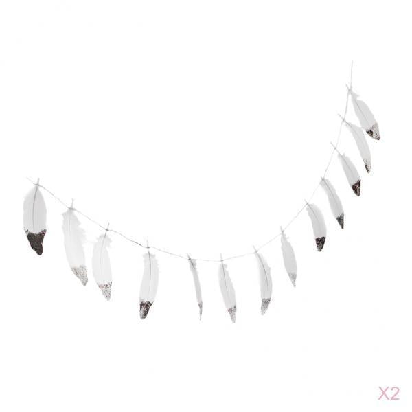 2 Pieces Boho Silver Dipped White Feather Bunting Garland Wall Hanging Decor
