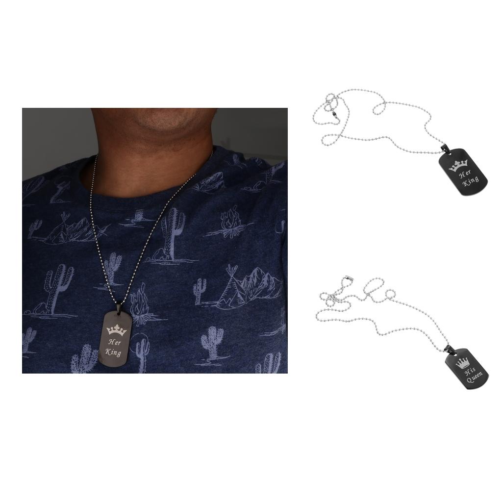 2pcs Her King & His Queen Dog Tag Pendant Couple Necklace Lovers Beads Chain