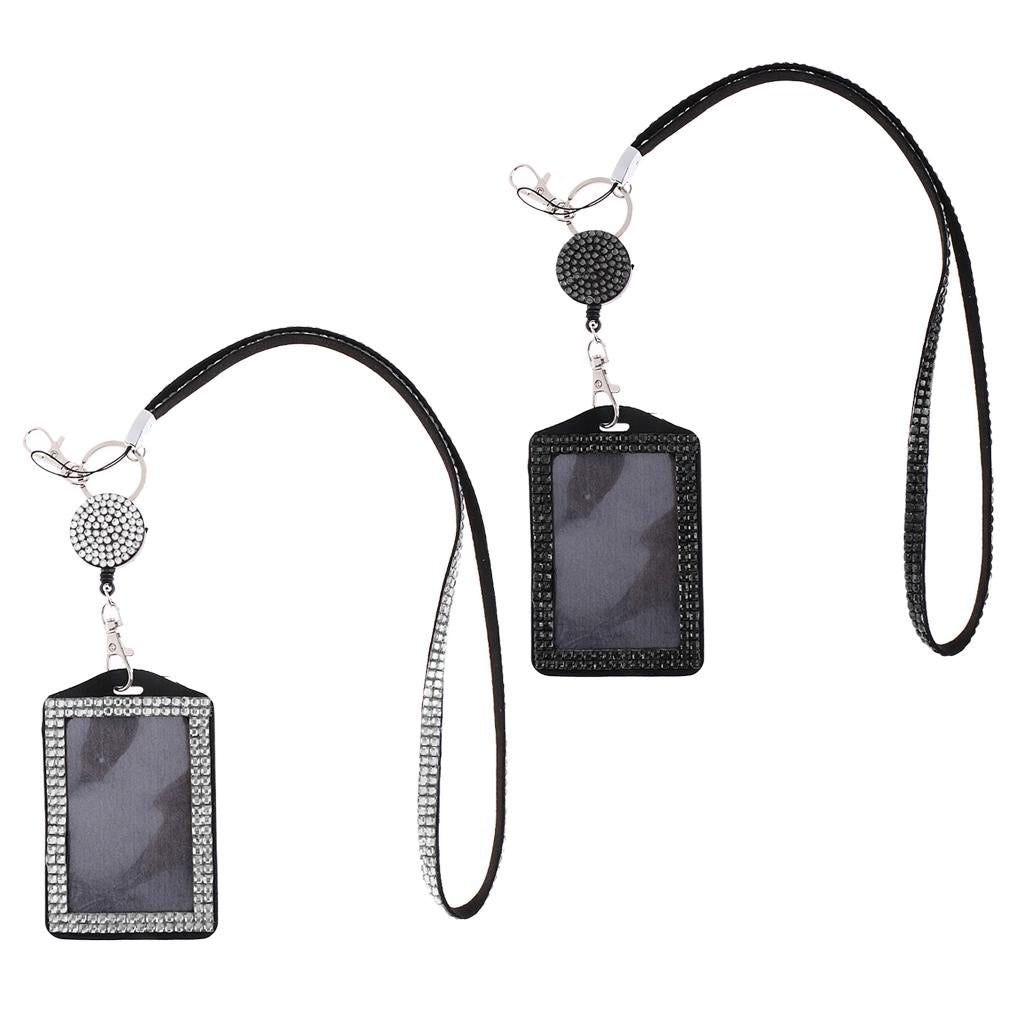 2pieces Rhinestone Lanyard with Retractable Reel Vertical ID Badge Holder