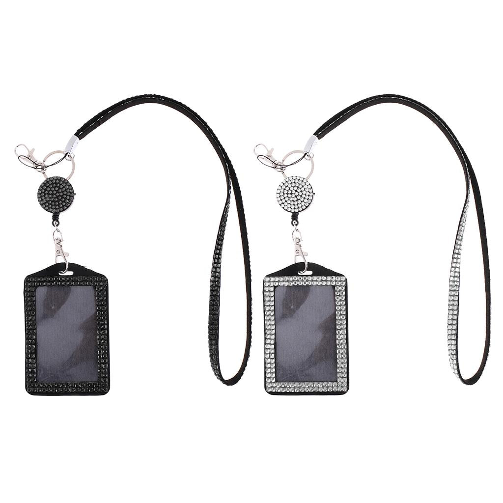 2pieces Rhinestone Lanyard with Retractable Reel Vertical ID Badge Holder