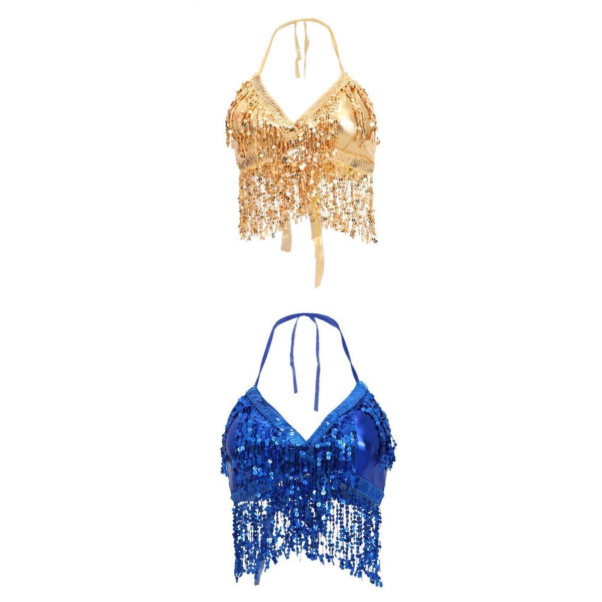 2pieces Belly Dance Costume Bra Halter Top Sequin Performance Outfits