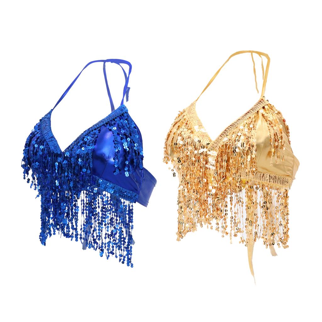 2pieces Belly Dance Costume Bra Halter Top Sequin Performance Outfits
