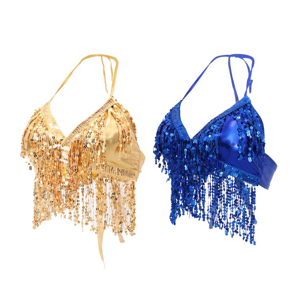 2pieces Belly Dance Costume Bra Halter Top Sequin Performance Outfits
