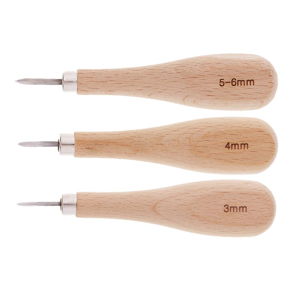 1 Set Wood Handle Steel Straight Sewing Awl for Leather Crafts Making 3-6mm