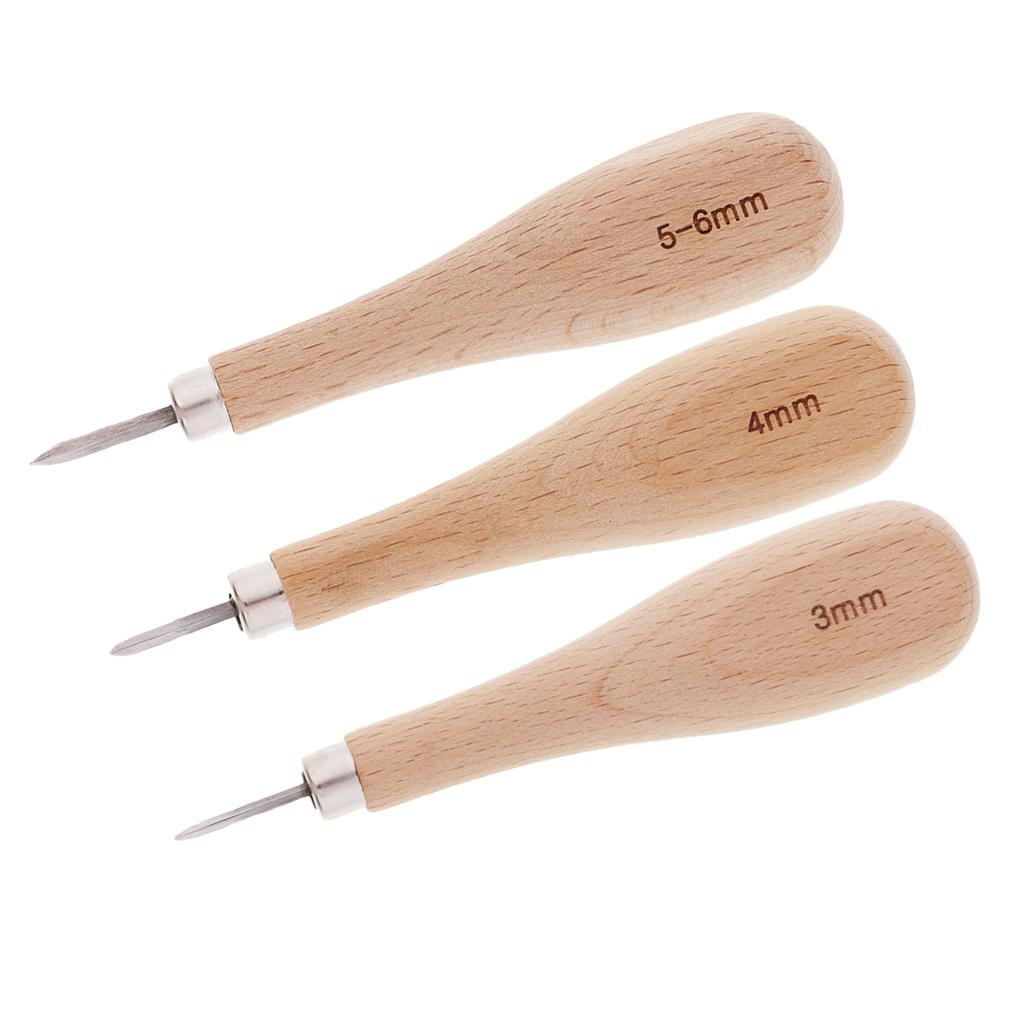 1 Set Wood Handle Steel Straight Sewing Awl for Leather Crafts Making 3-6mm