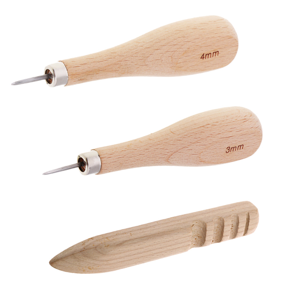 3pcs Wood Sewing Stitching Awl + Leather Edge Slicker for Leather Crafts