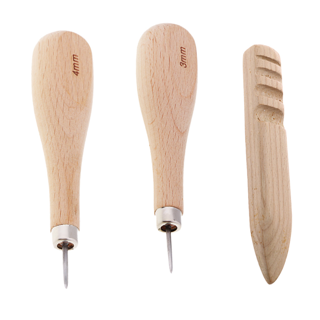 3pcs Wood Sewing Stitching Awl + Leather Edge Slicker for Leather Crafts