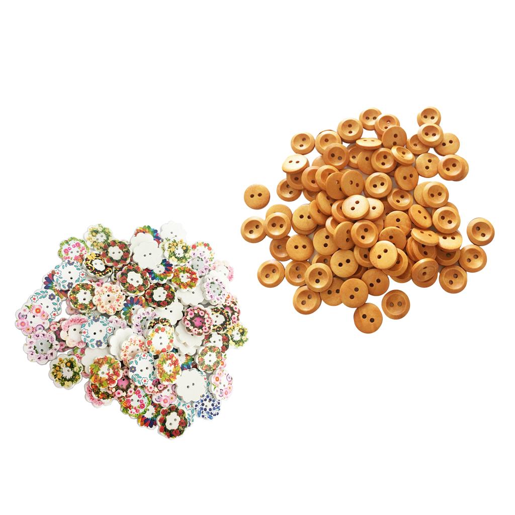 200Pcs 2 Holes Flower & Round Sewing Wooden Buttons for Kids DIY Accessories