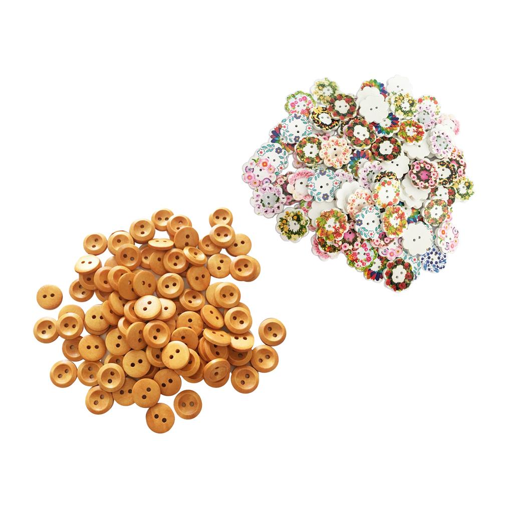 200Pcs 2 Holes Flower & Round Sewing Wooden Buttons for Kids DIY Accessories