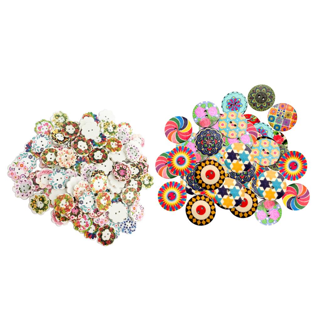 200Pcs 2 Holes Painted Flower Sewing Wooden Button for Clothes Accessories