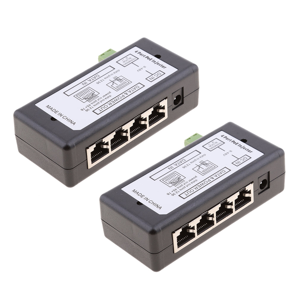 2Pieces 4 POE Ports Injector Switch 12-48V Power Supply Module Over Ethernet