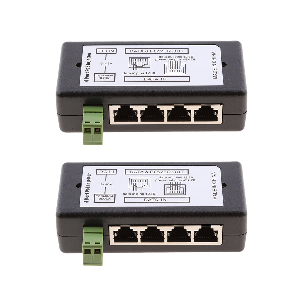 2Pieces 4 POE Ports Injector Switch 12-48V Power Supply Module Over Ethernet