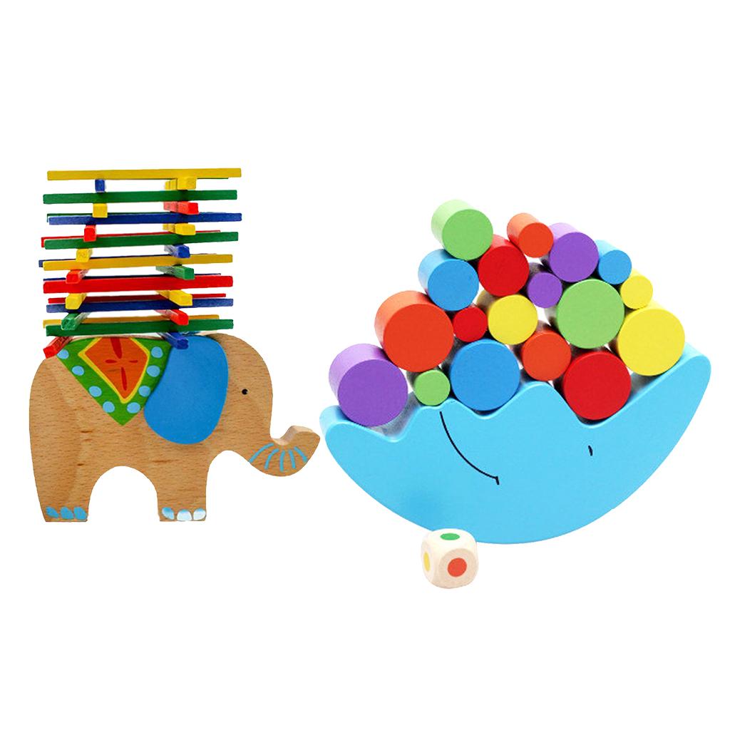 2 Sets Wooden Moon & Elephant Beam Balance Stacking Blocks Educational Toy