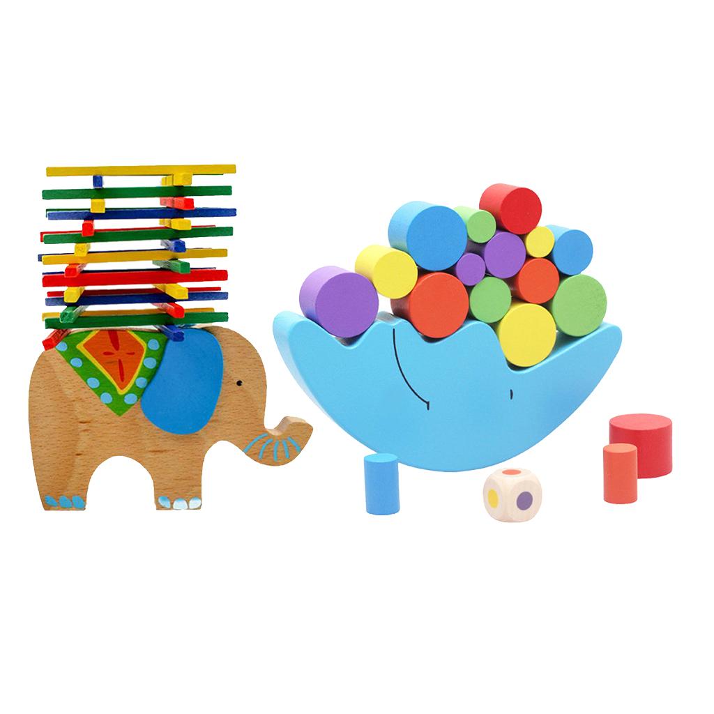 2 Sets Wooden Moon & Elephant Beam Balance Stacking Blocks Educational Toy