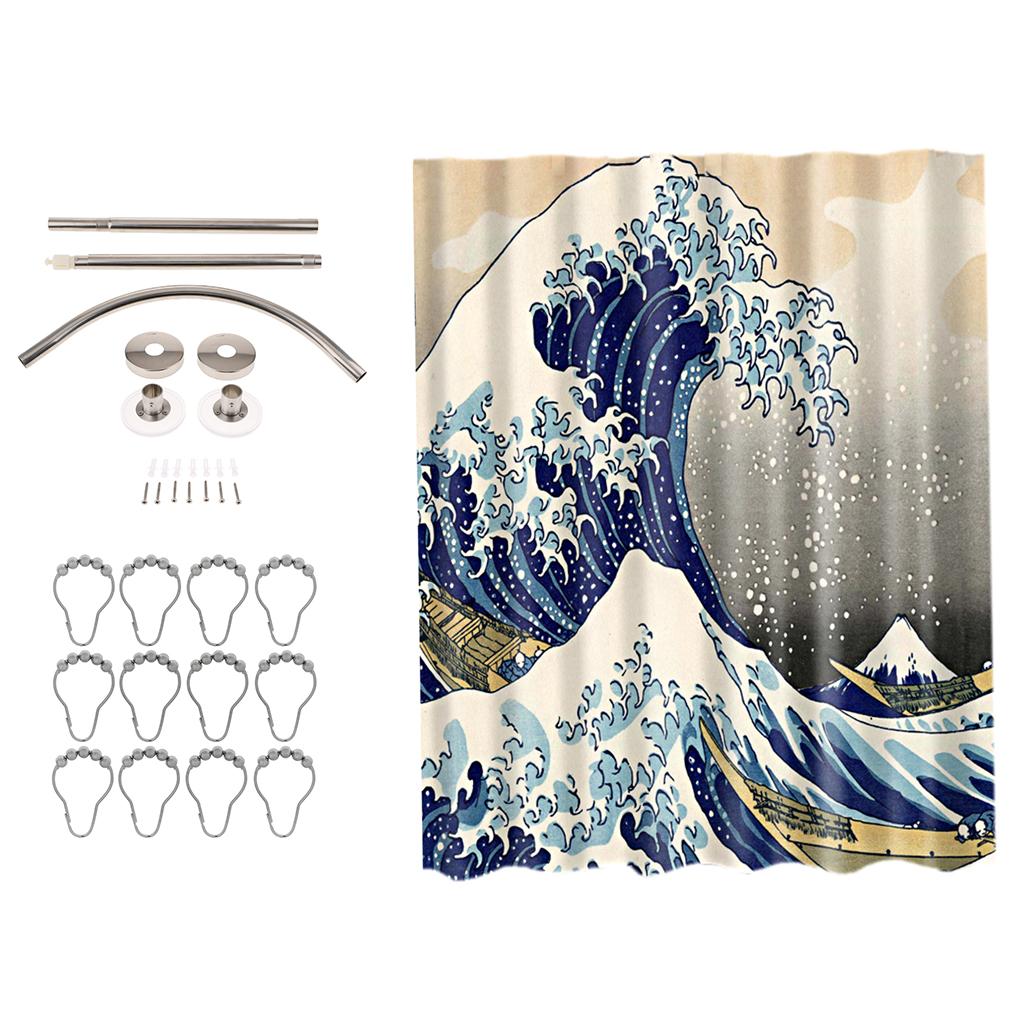 17inch Adjustable Curved Bathroom Shower Curtain Rod + 180cm Shower Curtain
