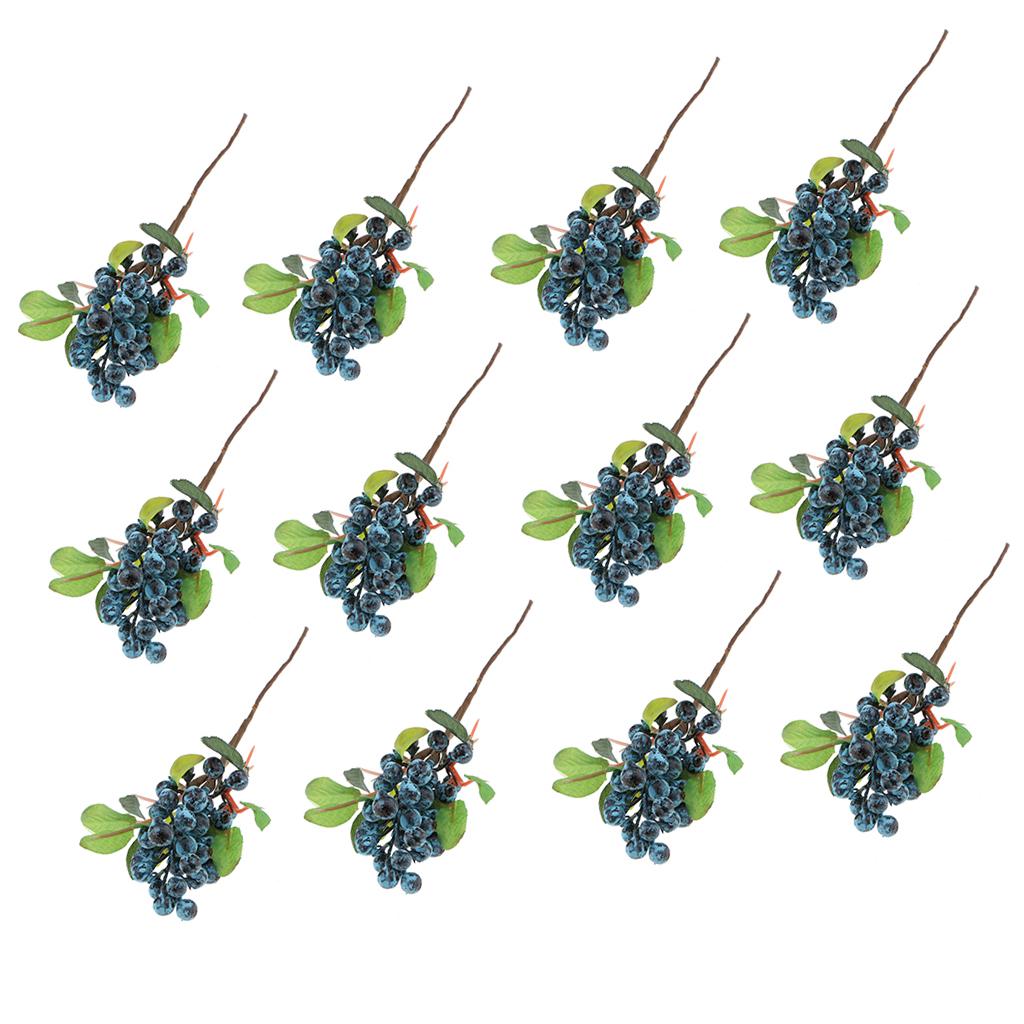 12x Plastic Artificial Fake Plant Fruit Berries Branches Home Decor Blue
