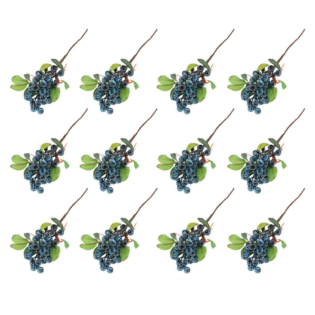 12x Plastic Artificial Fake Plant Fruit Berries Branches Home Decor Blue