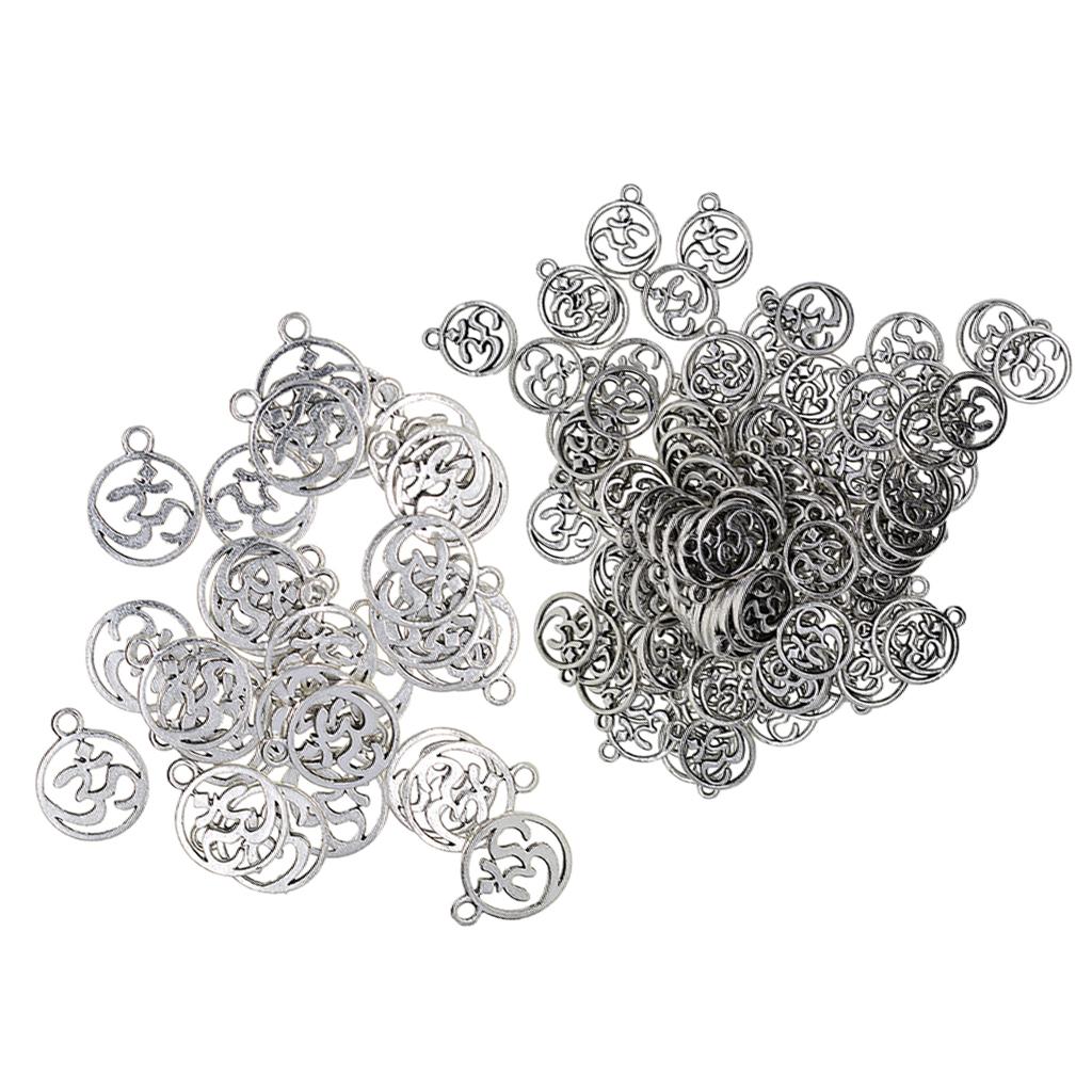 130Pcs Tibetan Silver Hollow Out OM Yoga Round Charm Pendant Necklace Making