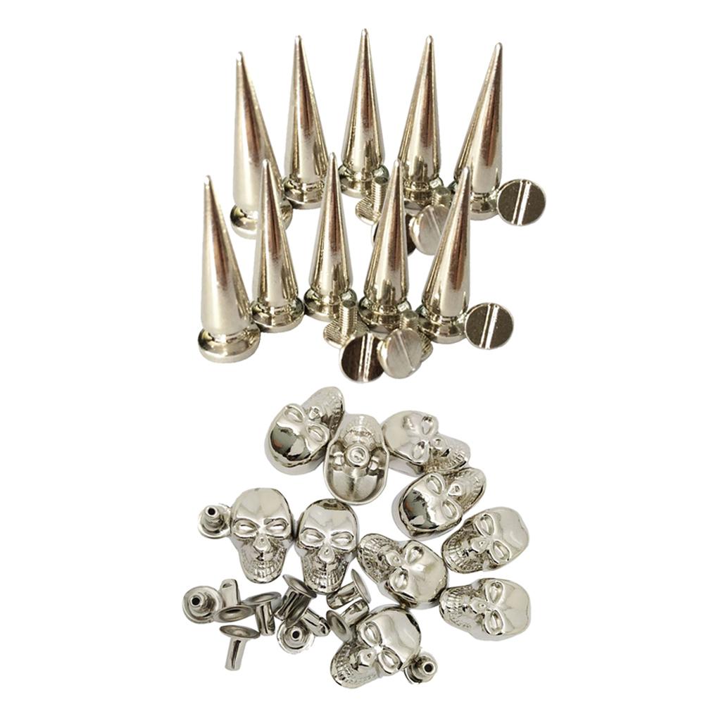 20 Sets Skull/Cone Studs Rivets Punk Rock DIY Spikes Shoes Bags Decor Silver