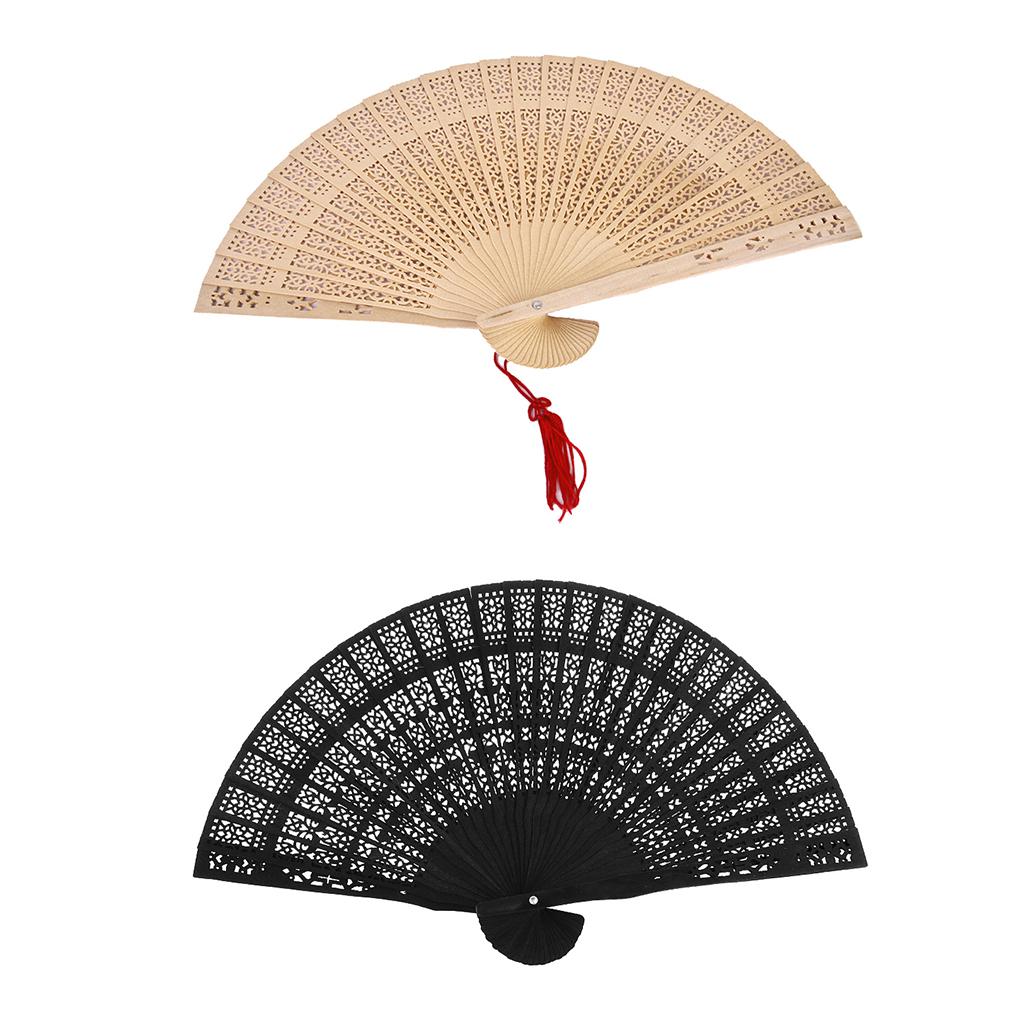 2x Vintage Wood Hollow Out Carved Hand Fan Foldable Fan Folding Pocket Fan