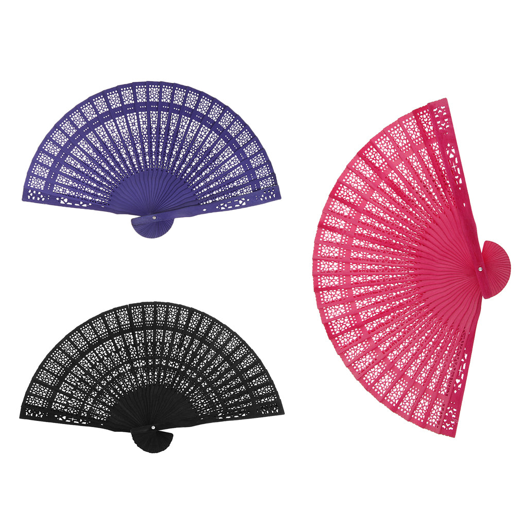 3x Vintage Wood Hollow Out Carved Hand Fan Foldable Fan Folding Pocket Fan