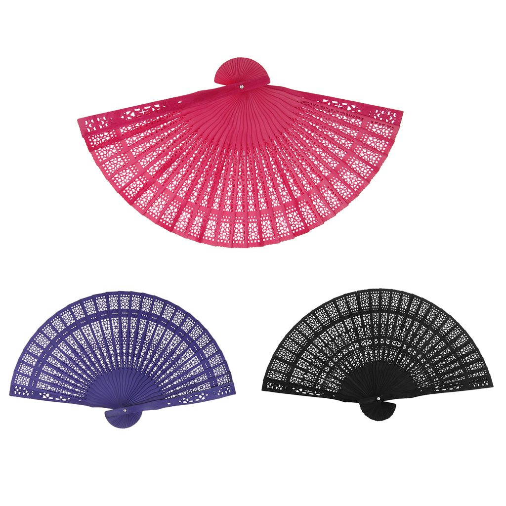3x Vintage Wood Hollow Out Carved Hand Fan Foldable Fan Folding Pocket Fan