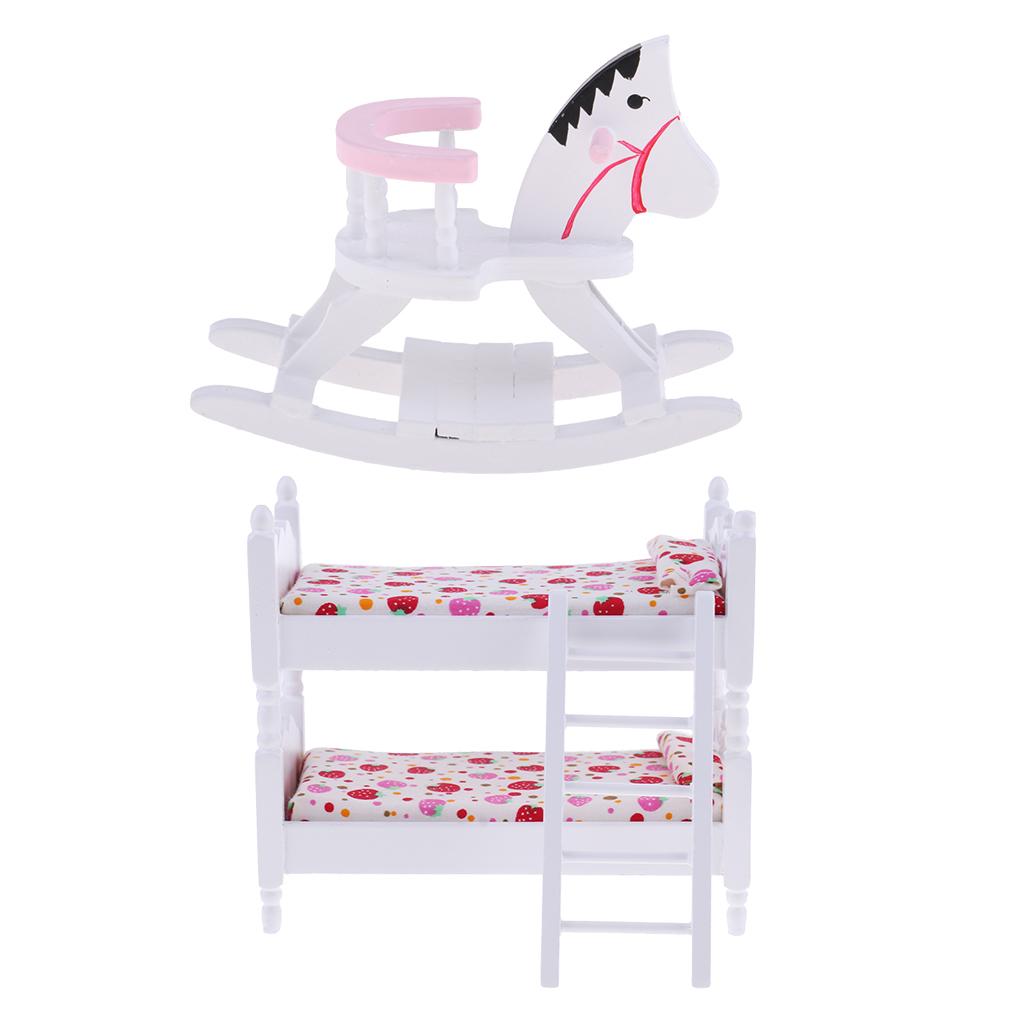 1/12 Dollhouse Miniature Furniture Wood Bunk Bed Rocking Horse Bedroom Decor
