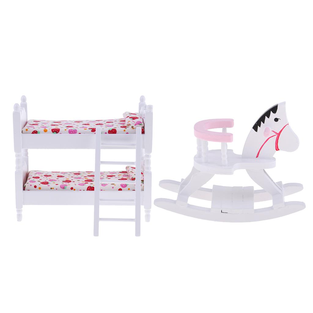 1/12 Dollhouse Miniature Furniture Wood Bunk Bed Rocking Horse Bedroom Decor