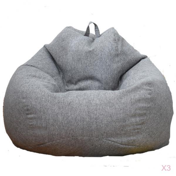 3Pcs Solid Color Linen Bean Bag Cover Sofa Slipcover Gray