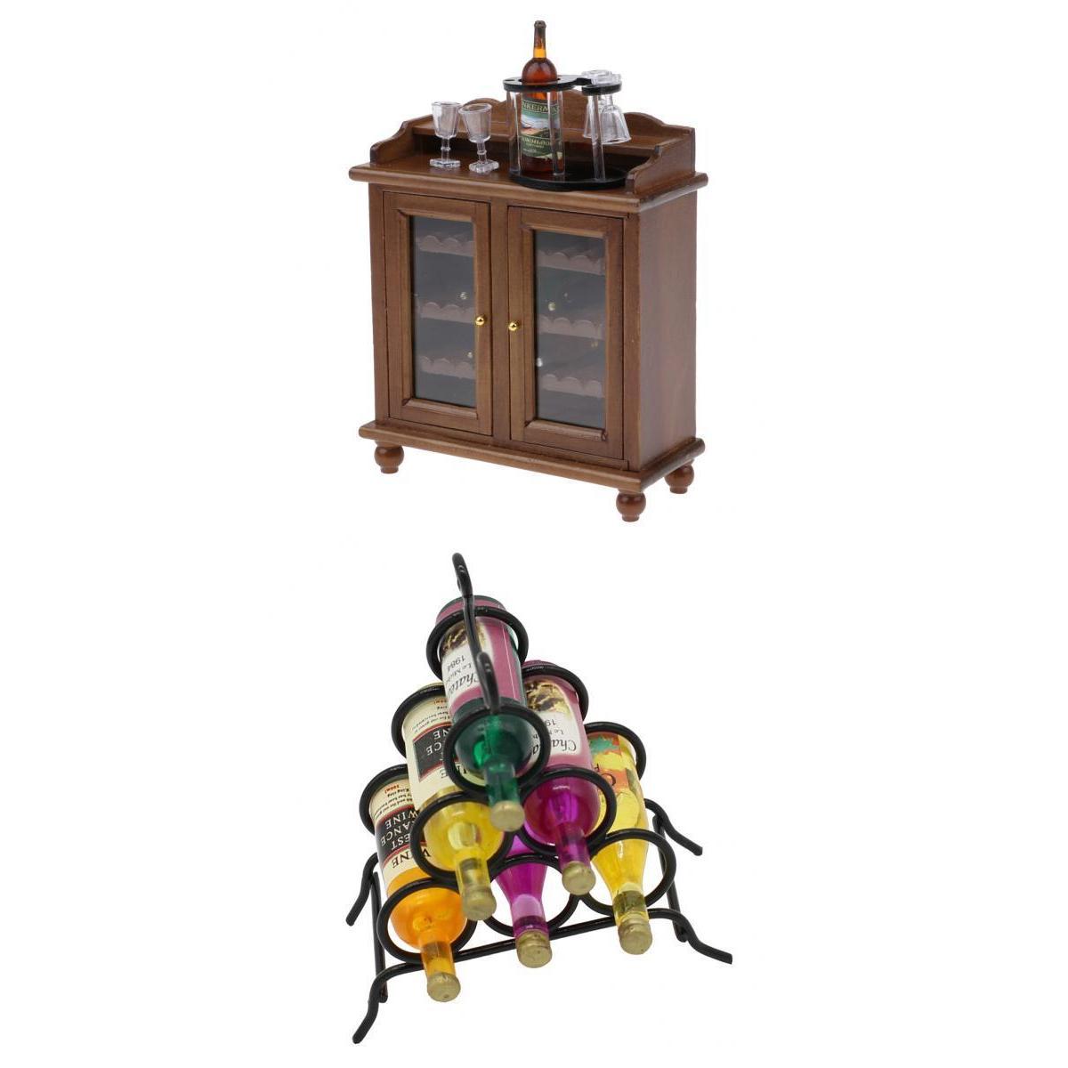 1/12 Dollhouse Miniatures Furniture Wine Cabinet Set & Wine Rack Decoration