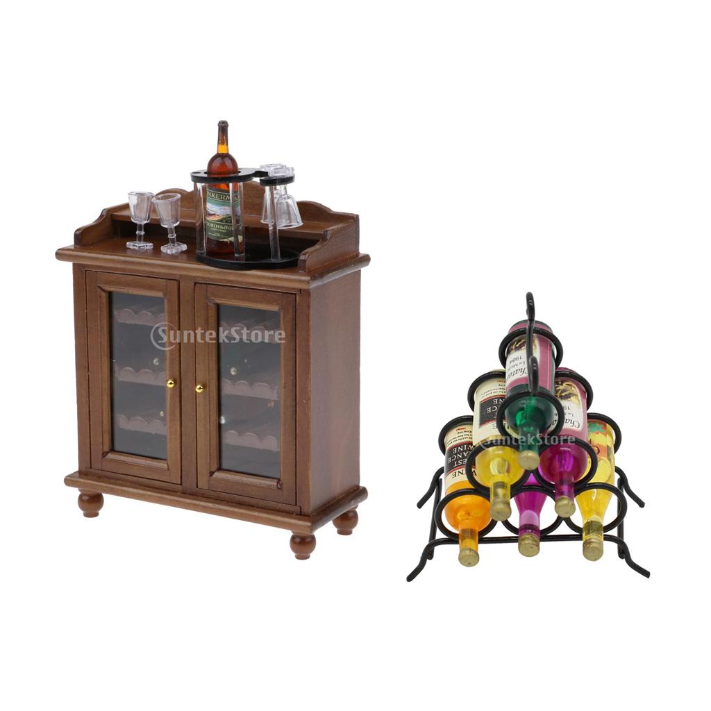 1/12 Dollhouse Miniatures Furniture Wine Cabinet Set & Wine Rack Decoration