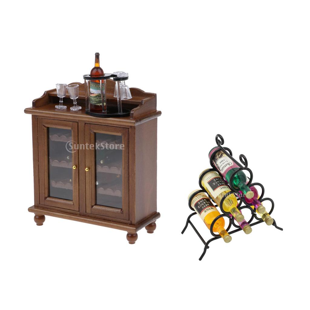 1/12 Dollhouse Miniatures Furniture Wine Cabinet Set & Wine Rack Decoration
