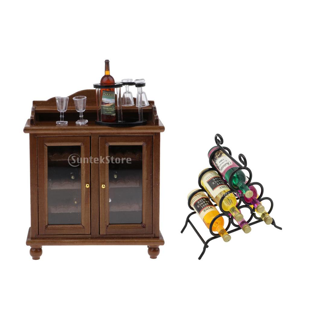1/12 Dollhouse Miniatures Furniture Wine Cabinet Set & Wine Rack Decoration