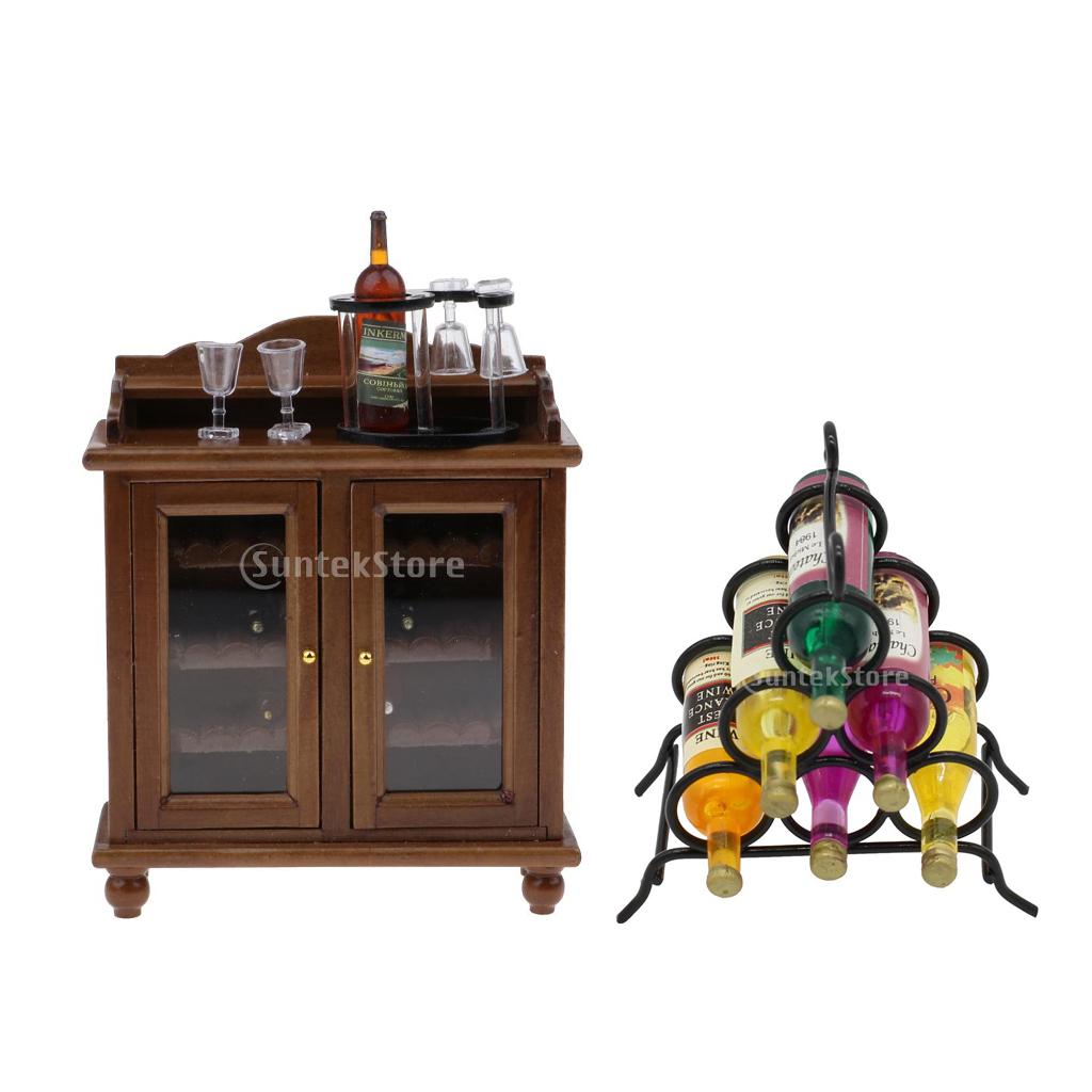 1/12 Dollhouse Miniatures Furniture Wine Cabinet Set & Wine Rack Decoration