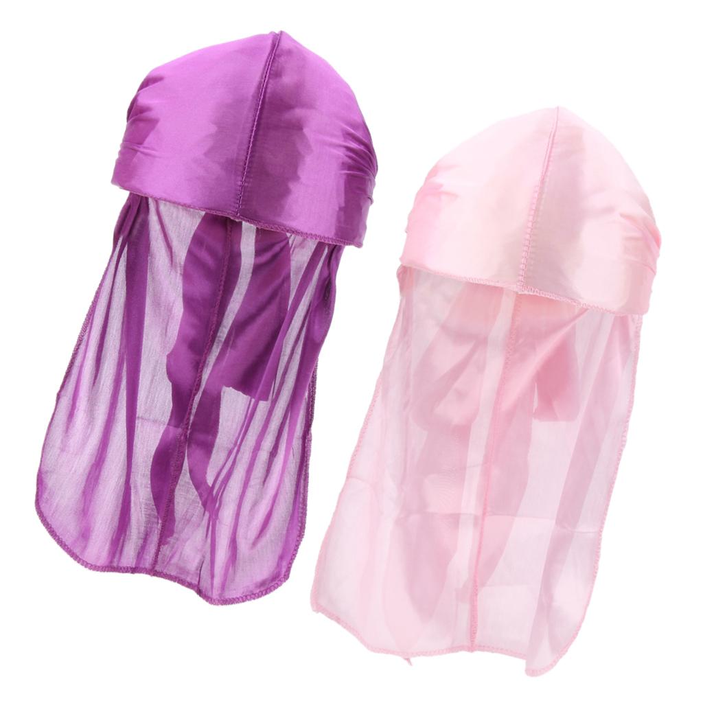 2 Pieces Durag Headwear Cap Hair Loss Scarf Bandana Turban Pink+Purple