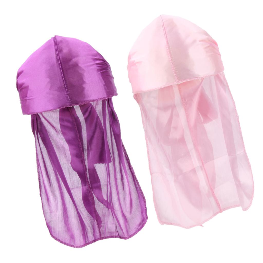 2 Pieces Durag Headwear Cap Hair Loss Scarf Bandana Turban Pink+Purple