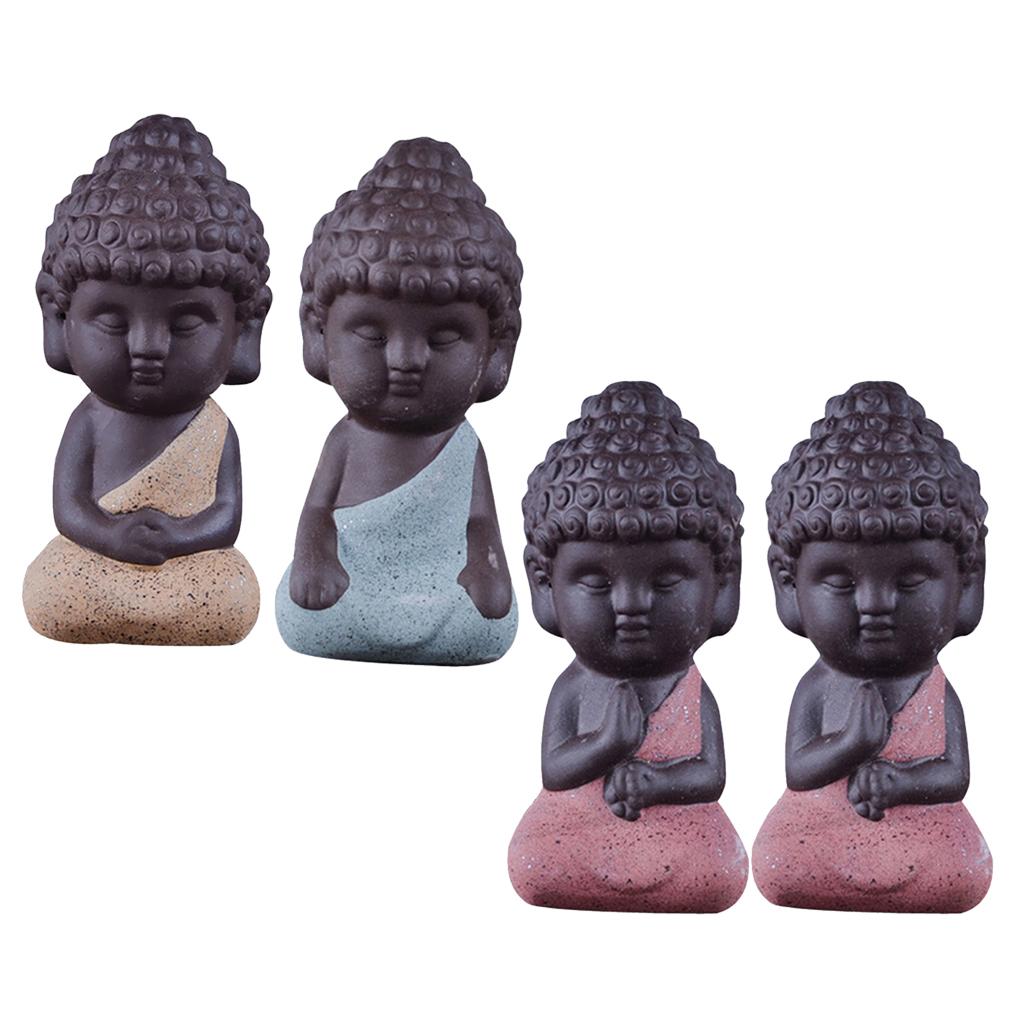 4 Pieces Tea Tray Decor - Little Monk Buddha Ceramic Statues Holder Tea Pet