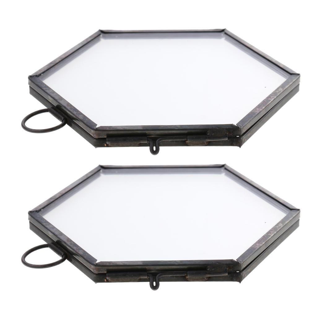 2 Pieces Modern Wall Hanging Hexagon Glass Displaying Photo Frame Black