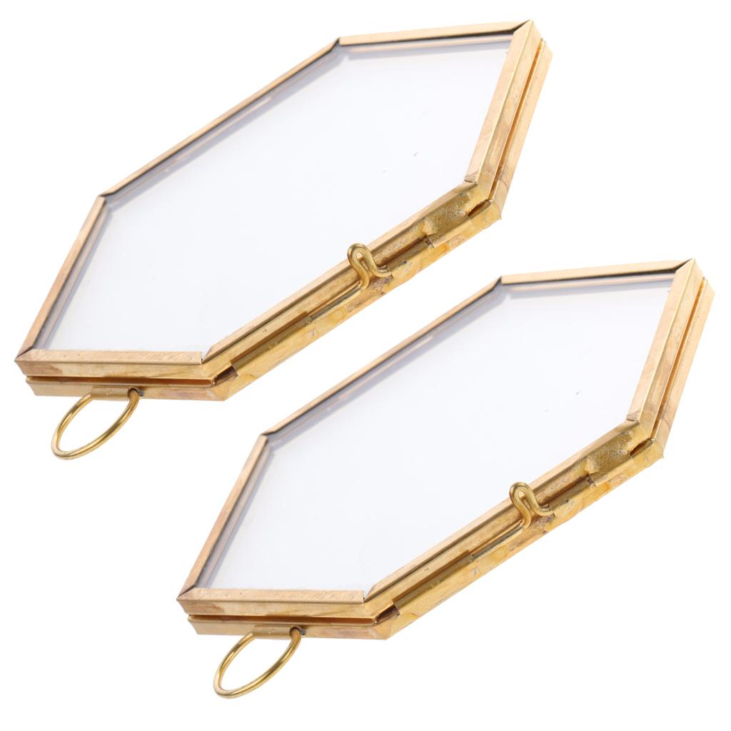 2 Pieces Modern Wall Hanging Hexagon Glass Displaying Photo Frame Copper