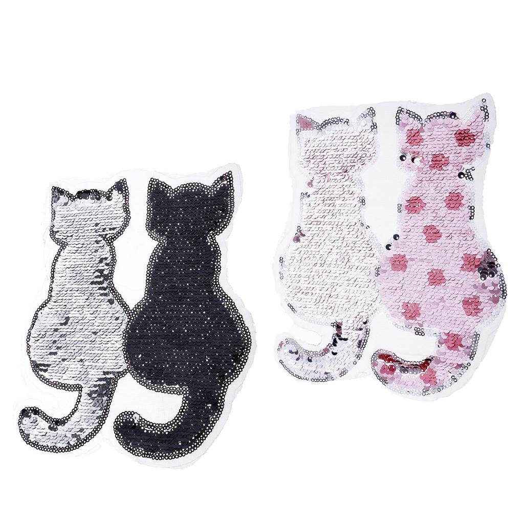 2Pcs Cute Cat Sequins Sewing Applique Reversible Embroidery Clothes Patches
