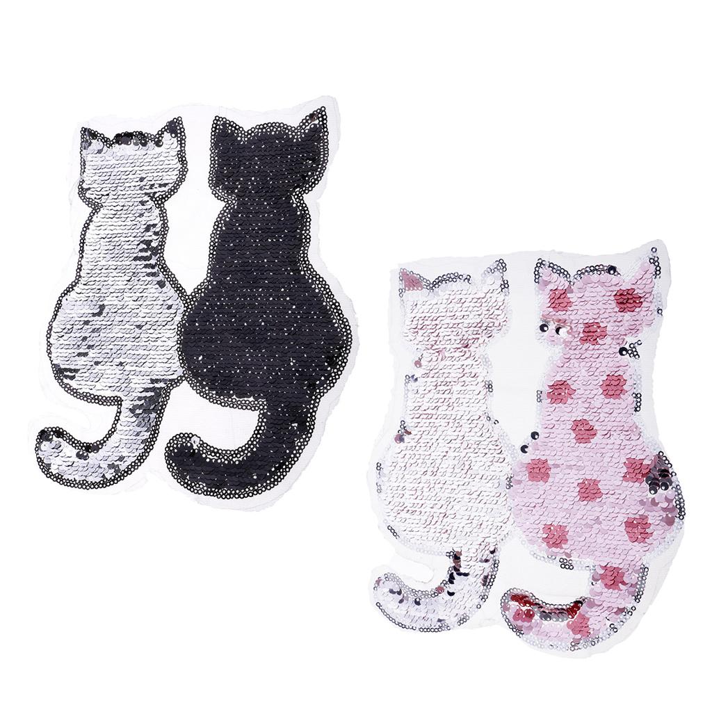 2Pcs Cute Cat Sequins Sewing Applique Reversible Embroidery Clothes Patches